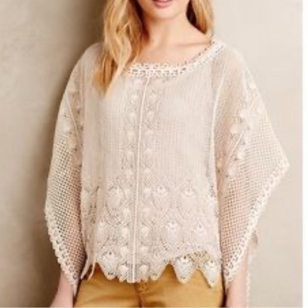 Anthropologie Sparrow Cream Summer Scalloped Crochet Poncho Top XS